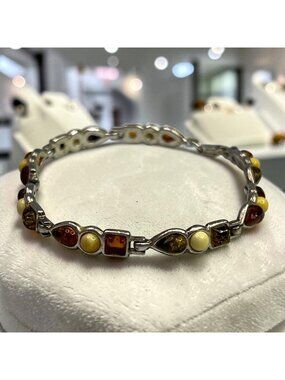 Amber & Sterling Silver 7" Multi-Color Bracelet With Teardrop & Square Design